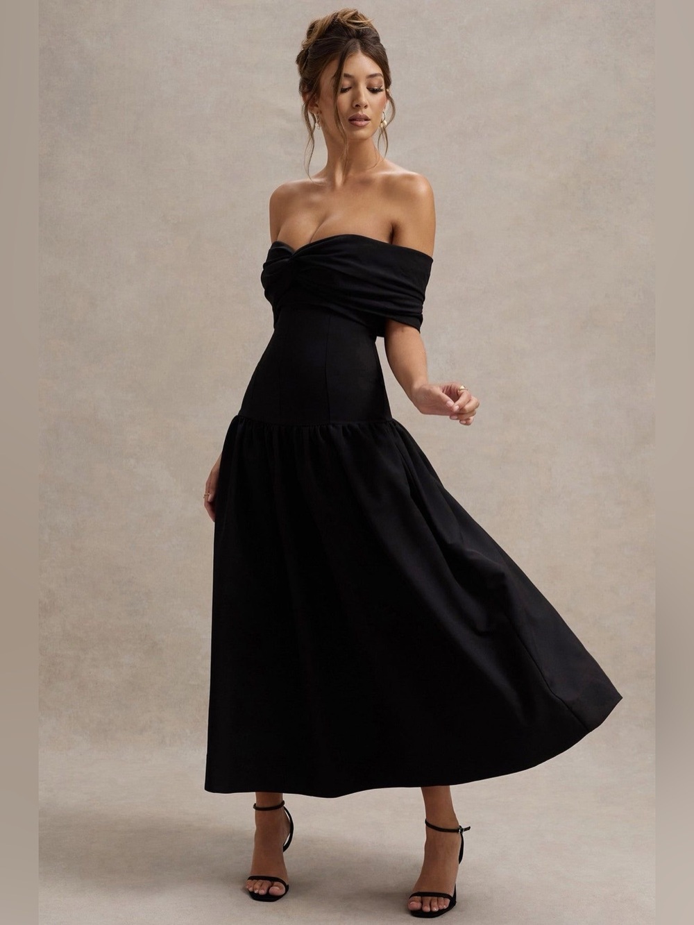Club L London Marguerite Black Twisted Bardot Drop-Waist Maxi Dress 6 NWT - Picture 3 of 15